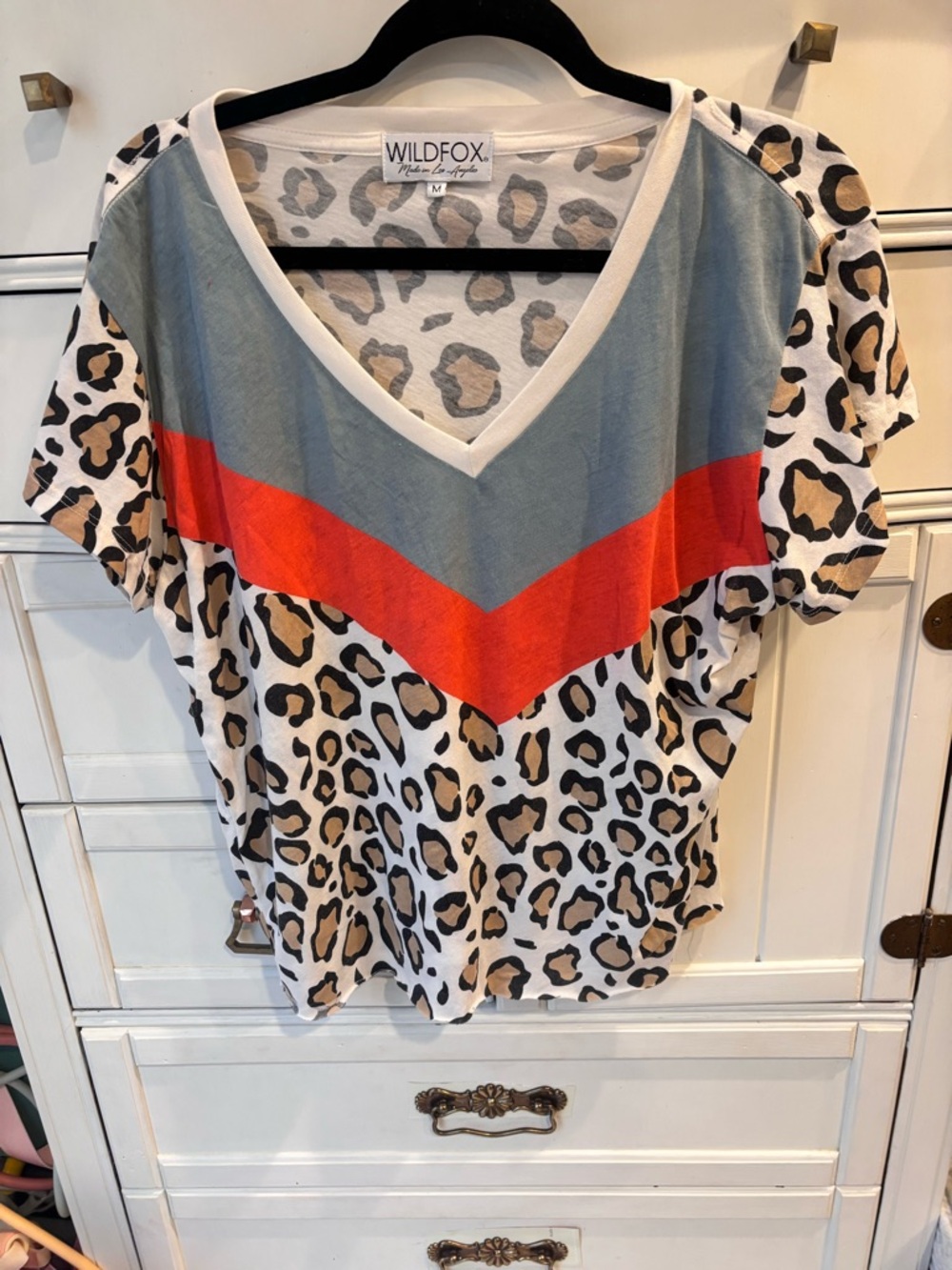 Wildfox Leopard Print V-Neck Tee with Gray and Red Chevron